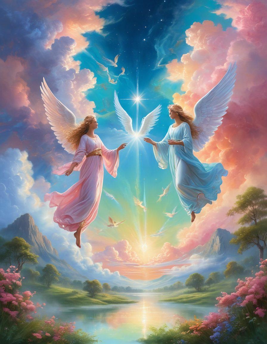 A serene celestial scene featuring ethereal angelic beings floating gracefully among fluffy clouds, radiating soft beams of light. The angels are depicted in flowing garments with gentle smiles, surrounded by a magical aura of vibrant colors like soft pastels and golden accents. Below, a lush green landscape is visible, symbolizing peace and contentment. The sky is a gradient of blues and pinks, invoking a sense of bliss. super-realistic. vibrant colors. celestial theme.
