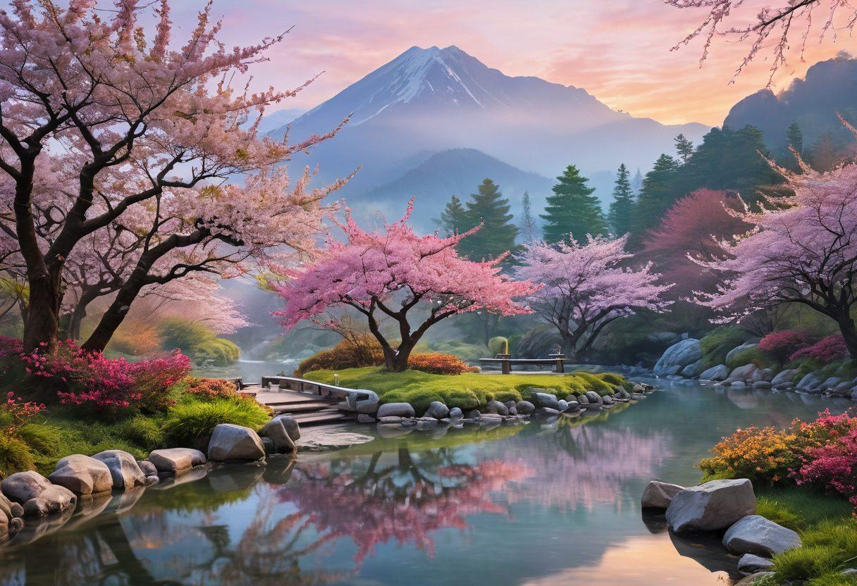 A serene landscape depicting a mystical Asian garden at dawn, filled with vibrant cherry blossoms and gentle streams. Ethereal angelic figures gracefully floating among the trees, radiating blissful energy with soft glowing halos. The backdrop features distant mountains shrouded in mist, enhancing the sense of tranquility and wonder. The color palette should be warm and inviting, incorporating soft pinks, golds, and greens. super-realistic. vibrant colors.