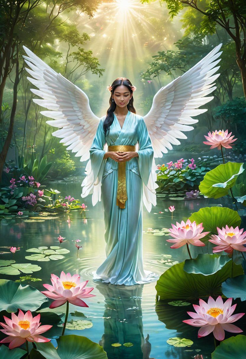 A serene landscape featuring a radiant guardian angel with ethereal wings, gently guiding blissful individuals in traditional Asiatic attire. Surrounding them are blossoming lotus flowers and serene water elements symbolizing tranquility and joy. Soft, glowing light filters through lush greenery, representing divine protection and happiness. The overall atmosphere is uplifting and harmonious. super-realistic. vibrant colors. ethereal background.